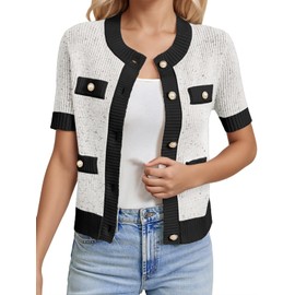 LCXWFE Womens Cropped Short Sleeve Cardigan Sweaters Crew Neck Button Down Tweed Cardigans Knitwear Tops with Pockets White
