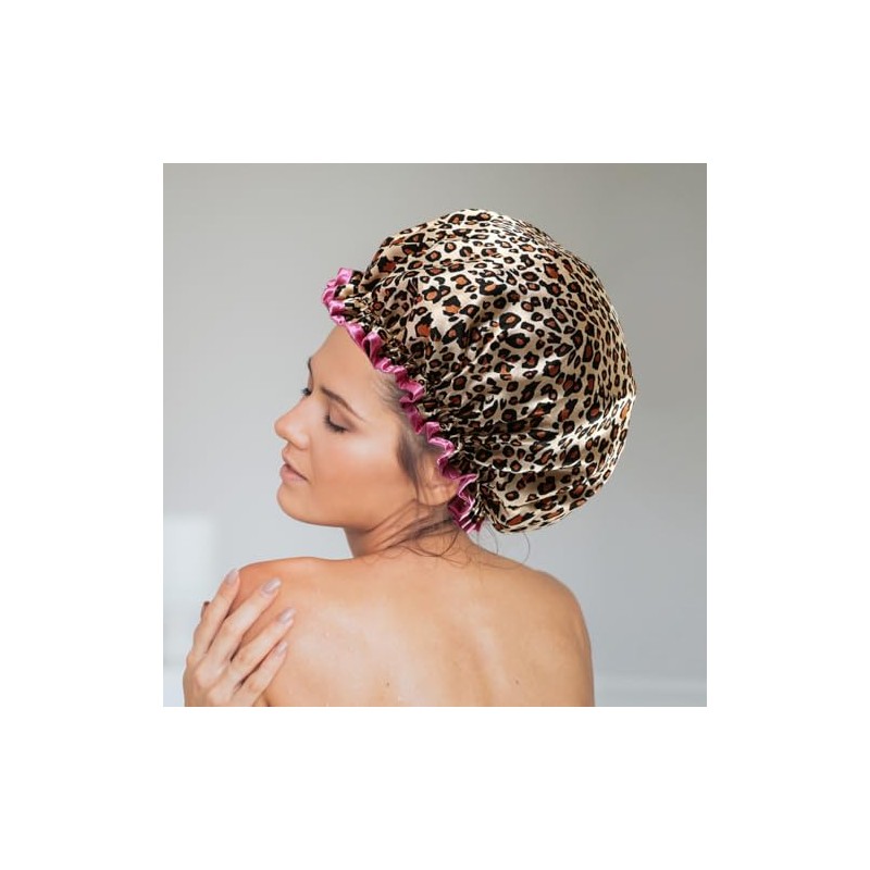 Reusable Waterproof Shower Cap - Double Thick, Leopard Red Border