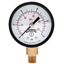Winters 2 inch Dial Size, Economy Utility Dry Pressure Gauge, Brass Internals, Black Steel Case, Dual Scale 0-15 psi/kPa, 3-2-3% Accuracy, 1/8 inch NPT Bottom Mount, Multi Function Pressure Gauge