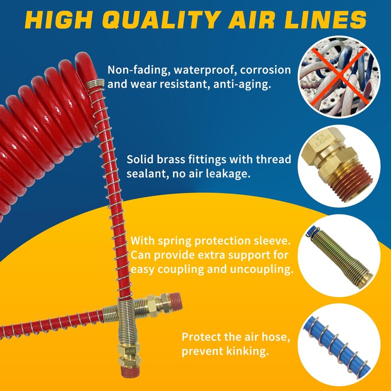 GREPSPUD 15Ft Coiled Air Brake Hoses Assembly for Semi Truck,