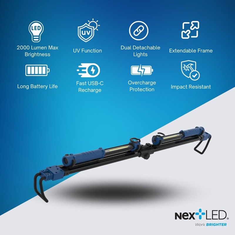 NextLED NT-2220LF-UV LED Underhood Work Light, 2000 Lumen, 8000mAh Rechargeable