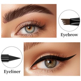 Augenbrauenstift mit 4 Gabel Applikator & Schwarzer Eyeliner, 3D Magischer Augenbrauenstift Härchenzeichnung Wasserfest Wischfest, Microblading Augenbrauenstift, Eyebrow Pencil Eyeliner 2-in-1(Braun)