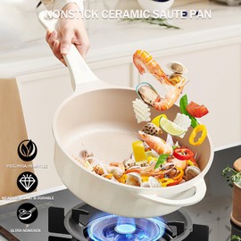 Nonstick Deep Frying Pan Skillet, 11" 6.3Qt Healthy Stone Coating Non Stick Saute Pan with Lid and Heat-Resistant Handle, Kitchen Cookware for Home Restaurant Cooking Suitable for All Stoves (White)