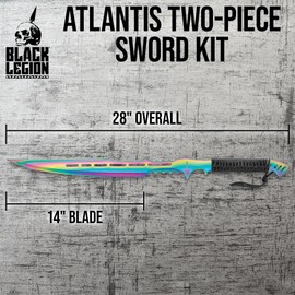 Black Legion Atlantis Fantasy Sword with Sheath | One-Piece Stainless Steel Construction | Rainbow Titanium Coating | Black Cord Grip | Vibrant Fantasy Sword for a Striking Impression | 28" Overall