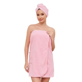 Rosyline Women Bath Towel Wrap Adjustable Closure Bathrobe With Hair Towel Pink L