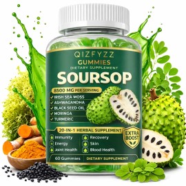 Soursop Gummies 20 in 1 Herbal Blend with Sea Moss Moringa Turmeric Black Seed Oil Ashwagandha Vegan Non GMO Daily Wellness Supplement 60 Count
