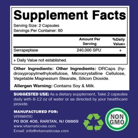 Vitamatic Serrapeptase 240,000 SPU Servings, 120 Delayed Released Capsules - Enteric Coated - Non-GMO- Made in The USA (120 Count (Pack of 2))