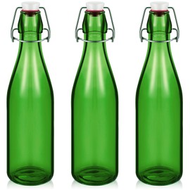 Teenyyou 3 Pcs Green Glass Bottle 500 ml / 16.9oz Decorative Bottles Green Swing Top Glass Bottles with Airtight Lid for Homemade Wine DIY Make Your Own Drinks, Decoration for Centerpieces
