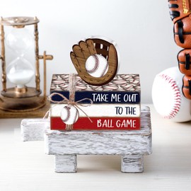 Briwooody 5 Pcs Baseball Decorations Baseball Tiered Tray Decor Baseball Centerpieces for Tables Mini Baseball Wooden Book Stack Baseball Party Favor Baseball Decor for Home Coffee Desk Room Shelf