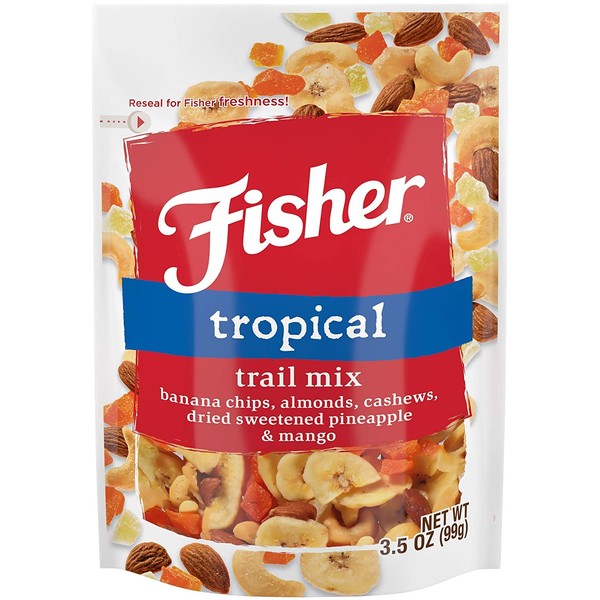 Fisher Snack Tropical Trail Mix, 3.5 Ounces, Banana Chips, Almonds, Cashews, Dried Sweetened Pineapple and Mango