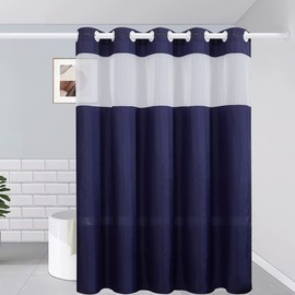 Extra Long No Hook Shower Curtain,Polyester Fabric Shower Curtains for Bathroom with See Through Top Window,Hotel Grade Waterproof & Mahcine Washable,Navy Blue,78x96 Inch