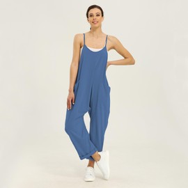 VOHOTO - Monos casuales elásticos sin mangas para mujer, overoles sueltos, pantalones harén fluidos, mamelucos de algodón con bolsillos, marino, XXL