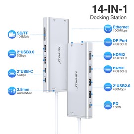 USB C Hub USB-C Docking Station Dual Monitor 14 in 1 Triple Display Multiport Adapter with 2 HDMI+DP+7 USB Type C/A Ports+Ethernet+Audio, USBC Dongle for Dell/HP/Lenovo ThinkPad/Surface(Sliver)