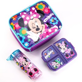 Zawadi Global Minnie Mouse Kids Childrens Lunch Box Set – Insulated Lunch Bag, Multicompartment Lunch Box & 580ml Water Bottle - School Travel Lunch Food Set, BPA Free