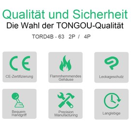 FI Circuit Breaker Type B AC/DC / 63 A - 30 mA / 2-Pin / 10KA / 230V / Charger Electric Car / Residual Current Device TONGOU