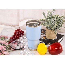 30oz Blue Tumbler Stainless Steel Double Wall Vacuum Insulated Mug with Straw and Lid, Cleaning Brush for Cold and Hot Beverages