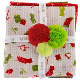Karma, Holiday Waffle Weave Dishcloths Set of 4, 100% Cotton Waffle Weave Kitchen Dish Towels, 12x12 Inch Dishcloths for Kitchen Cleaning & Drying Dishes, Traditional