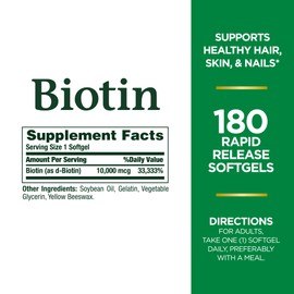 Nature's Bounty Biotin, Supports Healthy Hair, Skin and Nails, 10,000 mcg, Rapid Release Softgels, 180 Ct