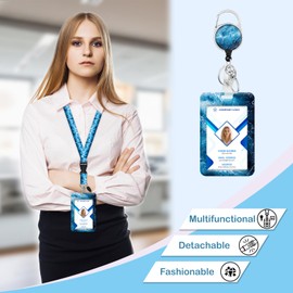 Lanyards for ID Badges, Badge Holder Retractable Reel Clip, Detachable Lanyard,360 Rotate Carabiner, Name Tag,Vertical Card Protectorfor Teacher Nurse Office Work, Gifts (Blue Currents)