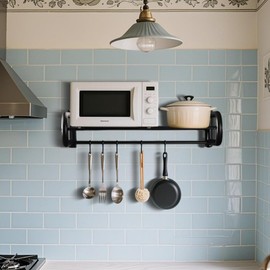 Microwave Shelf Wall Mount,Microwave Wall Shelf with 5 Hooks and 2 Guardrails Wall-Mounted, For Small Microwave to Load Capacity 30kg for Home Kitchen Laundry and Living Room