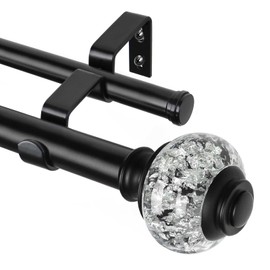 1 Inch Black Double Curtain Rods for Windows 66 to 120 Inches(5.5-10ft), USFOOK Adjustable Heavy Duty Drapery Rods, Telescoping Dual Curtain Rod with Translucent Finials, Wall Mounted