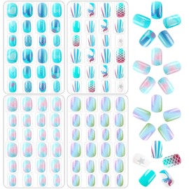 Pack of 96 Girls Print Nails Full Cover Short Children's Nails Artificial Nail Tips for Children False Nails Children Nail Art Decoration (Blue Theme)