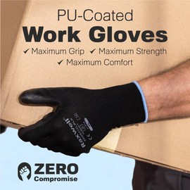 Raxwell 12-Pair PU Coated Work Gloves for Men and Women | Puncture and Abrasion Resistant, Safety Ultra-Thin with Grip | Industrial, Warehouse, Yard Work, Construction, Gardening | Black, Large