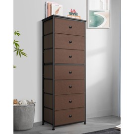 Tall Fabric Dresser for Bedroom, Vertical Storage Organizer Tower with 7 Drawers, Chest of Drawers with Bins, Steel Frame, Wood Top for Bedroom, Closet, Entryway Grey