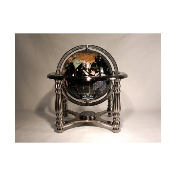 Unique Art Since 1996 10" Tall Black Onyx Ocean Table Top World Map Gemstone Globe with 4-Leg Silver Stand