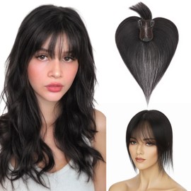 Clip in Human Hair Topper with Bangs for Women,S-noilite 360° Cover 3D Bangs Real Hair Toppers Natural Black Clip on Fake Bangs Hairpiece for Daily Wear Hand Crochet Silk Base Topper (Natural Black)