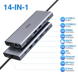 USB C Docking Station Dual Monitor HDMI for Dell HP, Laptop Docking Station 3 Monitors Triple Display USB C Hub Dock to 2 HDMI 4K,DP,Ethernet,6 USB,PD,SD/TF, Audio, USB C Adapter 14 in 1 for Lenovo