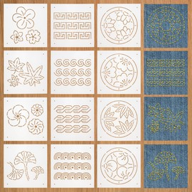 BENECREAT 12Pcs Plastic Sashiko Stencil, 13x13cm Flowers, Leaves, Continuous Pattern Embroidery Tool Drawing Line Template for Hand Quilting and Embroidery, 0.3mm Thick