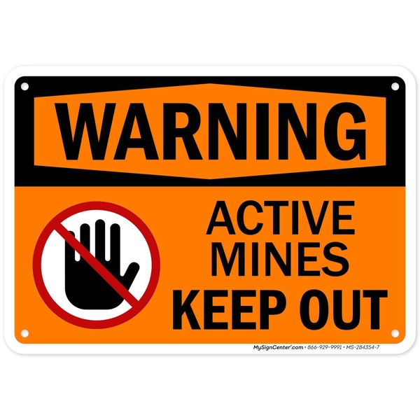 Warning Active Mines Keep Out With Graphic Sign, 10x7 Inches,