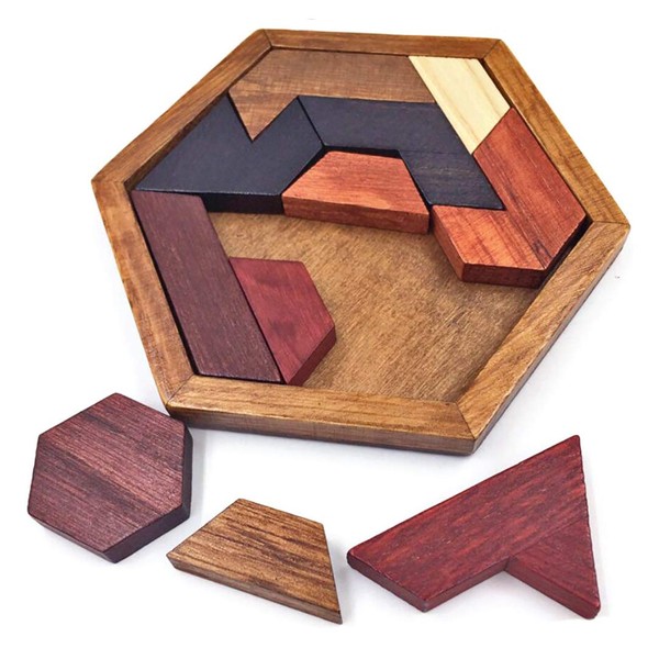 KINGOU Hexagon Tangram Puzzle Wooden Brain Puzzles for Kids & Adult Challenge Wooden Brain Teasers Puzzle Games for Family Party Gift - Brain Games for Kids