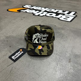Shake That Bass Trucker Hat | Funny Fish Meme Fishing | Premium Mesh Foam Snapback Hat for Men & Women (US, Alpha, One Size, Green Camo)