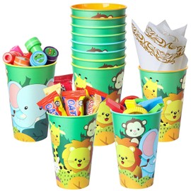 Lidmada Jungle Safari Animal-Themed Party Favors Cups, 12pcs in 4 Colors, 16oz Reusable Lion Giraffe Elephant, Monkey Plastic Tumblers Cups for Birthday Party Decoration Supplies