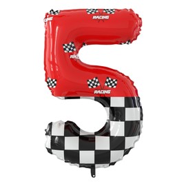 40 Inch Giant Race Car Theme Number Foil Balloons - Red Black White Checkered Flag Number 5 Balloons for Racing Car Kid Birthday Party Decorations Baby Shower Supplies (Numbers 1-5 Available)