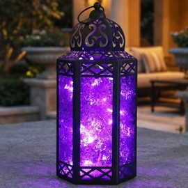 Vela Lanterns Portavelas de Metal Negro con Luces LED Decorativas marroquíes para Colgar o Mesa, decoración Interior del hogar, Patio o Porche al Aire Libre, Halloween, Bodas, Cristal Morado, Grande
