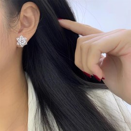Snowflake Crystal Stud Earrings For Women Stunning Cubic Zirconia Wedding Engagement Statement Elegant Earring Sterling Silver Post Hypoallergenic CZ Winter Party Flower Jewelry Chrismas Gifts Friends