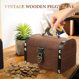 Wooden Money Box, Retro Piggy Bank with Key, Money Box with Lock, Treasure Chest with Lock, Money Box for Adults and Children, for Children's Birthday Gift
