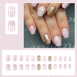 24 Pcs Christmas Press On Nails Short Square - ZIFANHU Glossy Light Purple Fake Nails Press Ons Nail Art Tips Snowflake Gift Box Design Full Cover Glitter False Nails Acrylic Glue on Nails for Women