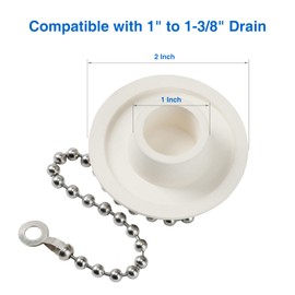 2 Packs Tub Stopper, Rubber Bathtub Stoppers Drain Plug with 15" Stainless Steel Beaded Chain, Premium Bathroom Plug Fit for 1" to 1-3/8" Kitchen Sink, Bathroom Bath tub, Drain Stopper, White