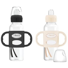 Dr. Brown's Milestones Narrow Sippy Spout Bottle with 100% Silicone Handles, Easy-Grip Handles with Soft Sippy Spout, 8oz/250mL, Black & Ecru, 2 Count