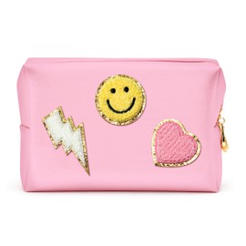 LieToi Preppy Patch Cosmetic Toiletry Bag, PU Leather Portable Waterproof Makeup Bag Smile Lightning Heart Organizer Compliant Bag Daily Travel Use Storage Purse for Women (Large, Pink)