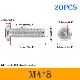 Ctyjia Pack of 20 Allen screws, M4 x 8 mm flat head screws, hexagon socket, 304 stainless steel screws, fully threaded, furniture connector screws