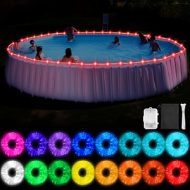 Tujoe Remote Control LED Pool Lights for Above Ground Pools Submersible Waterproof Outdoor LED Rim Rope Lights with Battery Box, Waterproof Bundle Pocket for Outdoor(55.7ft Fits18ft Pool)