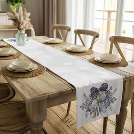 Elegant Winter Wonderland Table Runner, Silver Bells, Blue Ribbons, Snowflakes, 16x72 in or 16x90 in, Cotton Twill or Polyester (16x90 Inch, Cotton)