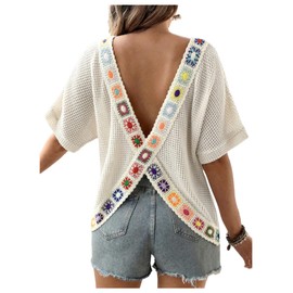 MakeMeChic Women's Maternity Summer Clothes Floral Half Sleeve Crew Neck Backless Boho Pregnancy Knit Tops Apricot Small