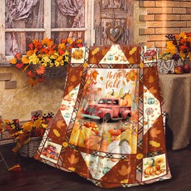 Fall Throw Blanket Autumn Pumpkin Blanket Thanksgiving Decor Red Truck and Pumpkin Prints Flannel Throw Blankets Orange Fleece Flannel Throws Cozy Plush Fall Decor for Kids Adults Couch Sofa 40"x60"