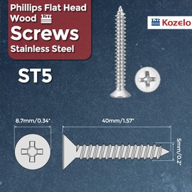 Kozelo 20pcs Phillips Flat Head Wood Screws - [ST5x40mm] 304 Stainless Steel Countersunk Self Tapping Screws for Furniture Assembly, Interior Trim, Outdoor Construction, Silver
